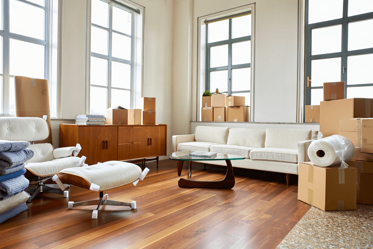 Modern apartment with moving boxes